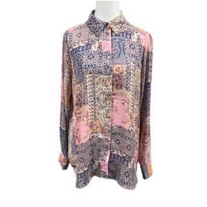 Rose + Olive Patchwork Button Up Long Sleeve Blouse Sz M